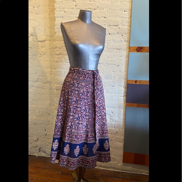 SOLD Vintage Indian Skirt Wrap Block Print Prairie Hippie Boho Cottagecore - Picture 2 of 5
